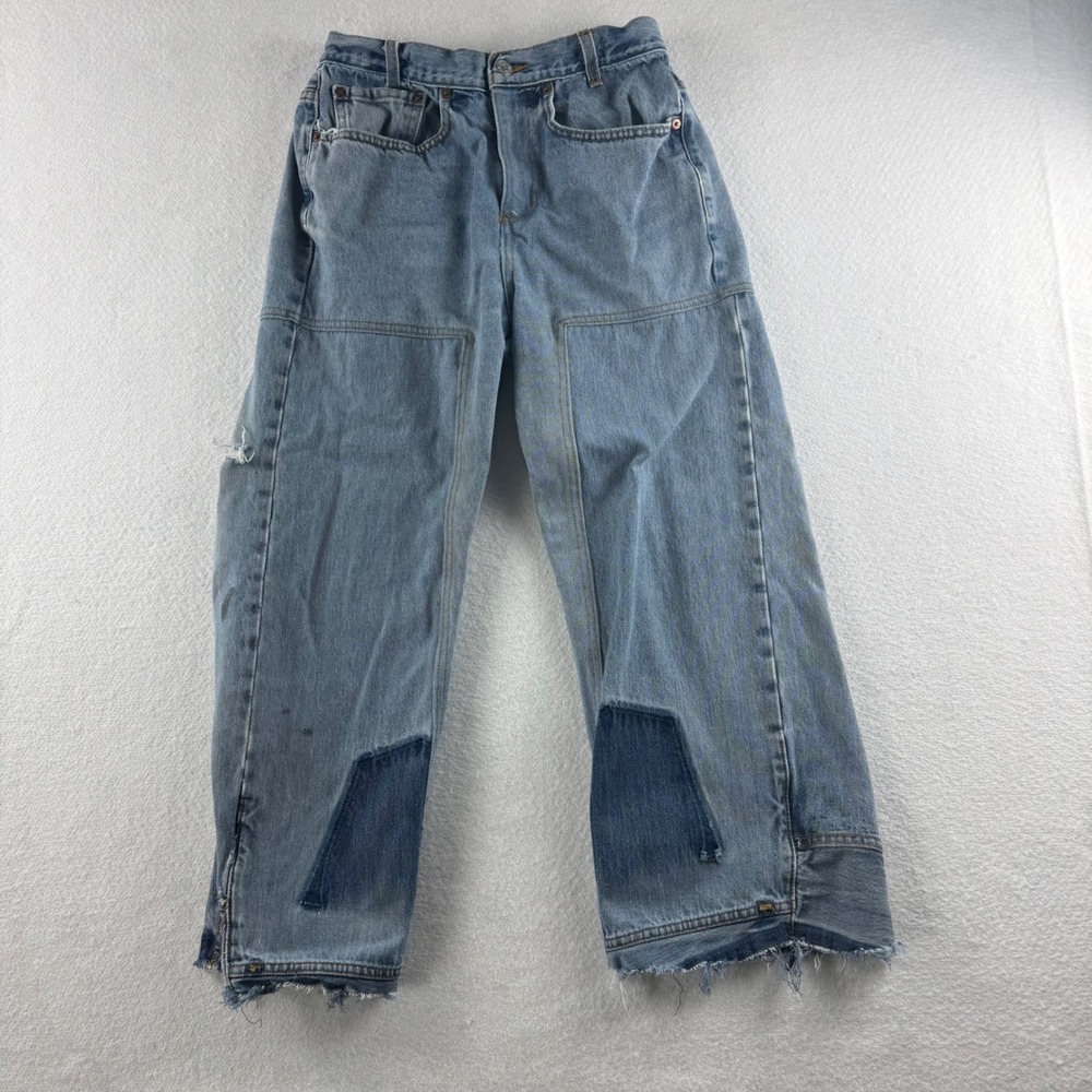 Custom Patchwork Distressed Light Wash Straight Leg Jeans Frayed Hem Size 26x24